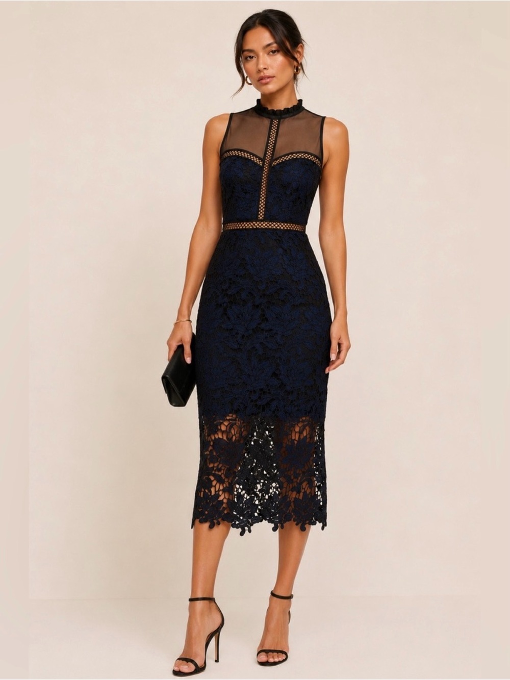 Star Crossed Lovers Midi Dress Size M Black and Blue Lace Mock Neck Chic Evening